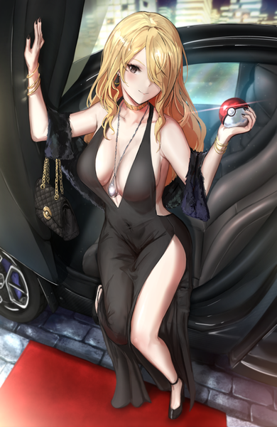 Anime picture 1029x1584 with pokemon pokemon (game) nintendo cynthia (pokemon) ippers single long hair tall image looking at viewer fringe breasts light erotic blonde hair smile large breasts holding brown eyes full body outdoors nail polish