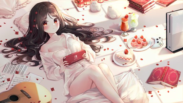 Anime picture 5760x3240 with original nintendo bbeedol single long hair looking at viewer blush fringe highres breasts light erotic black hair red eyes wide image holding absurdres cleavage bent knee (knees) indoors lying