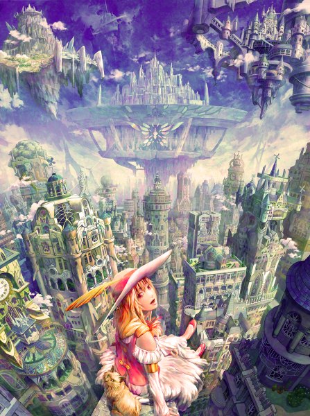 Anime picture 894x1200 with original kaitan long hair tall image looking at viewer open mouth blonde hair red eyes sitting bare shoulders sky cloud (clouds) long sleeves looking back from above city cityscape girl dress plant (plants)