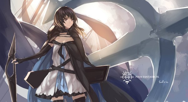 Anime picture 2771x1511 with original pixiv fantasia pixiv fantasia fallen kings paradise (character) swd3e2 single long hair highres brown hair wide image brown eyes signed looking away logo girl thighhighs dress gloves weapon black thighhighs