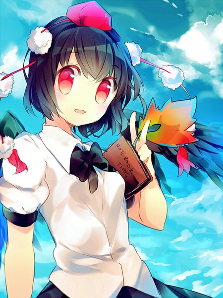 Anime picture 600x800 with touhou shameimaru aya namie-kun single tall image looking at viewer blush short hair open mouth black hair smile red eyes sky cloud (clouds) victory black wings girl wings book (books) fan