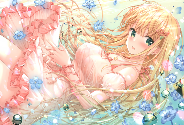 Anime picture 4266x2897 with original inagaki minami sousouman single long hair looking at viewer blush fringe highres breasts open mouth blonde hair smile hair between eyes large breasts green eyes absurdres :d scan underwater