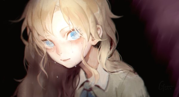 Anime picture 1280x698 with ib (game) mary (ib) gunni single long hair looking at viewer blush blue eyes blonde hair wide image signed tears portrait dark background wavy hair girl