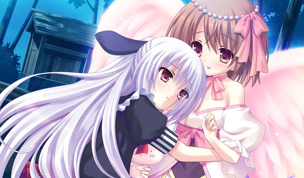 Anime picture 1024x600 with tsukumonotsuki long hair short hair red eyes brown hair wide image multiple girls animal ears game cg white hair loli hug girl dress 2 girls wings