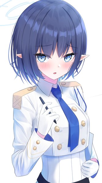 Anime picture 2200x3950 with blue archive aoi (blue archive) cpk prd single tall image looking at viewer blush highres short hair blue eyes simple background white background blue hair upper body pointy ears embarrassed girl gloves necktie white gloves