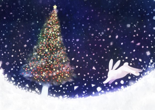 Anime picture 1400x990 with original bounin night snowing winter snow no people star (symbol) bunny christmas tree