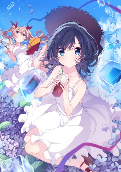 Anime picture 925x1308 with original umiko (munemiu) long hair tall image looking at viewer blush blue eyes black hair blonde hair twintails multiple girls girl flower (flowers) 2 girls hat petals sundress drink straw hat ice