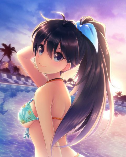 Anime picture 640x800 with idolmaster ganaha hibiki byuune single long hair tall image looking at viewer blush breasts blue eyes light erotic black hair smile large breasts sky cloud (clouds) ahoge ponytail looking back arm up