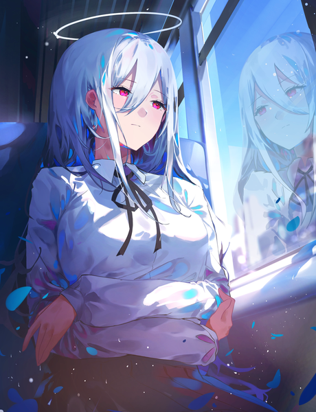 Anime picture 2300x3000 with original w (w64851564) single long hair tall image fringe highres hair between eyes sitting looking away silver hair pink eyes reflection crossed arms train interior girl halo ground vehicle train