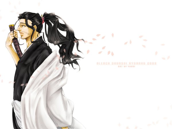 Anime picture 1024x768 with bleach studio pierrot kyoraku shunsui single long hair black hair white hair ponytail profile black eyes boy petals