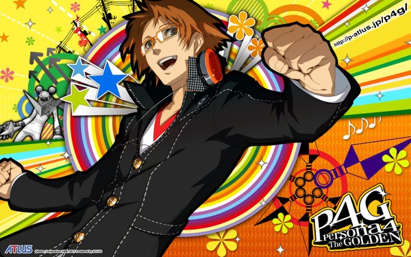 Anime picture 1500x938 with persona 4 persona hanamura yousuke single looking at viewer short hair open mouth smile brown hair wide image brown eyes signed absurdres inscription spread arms open collar logo boy uniform school uniform