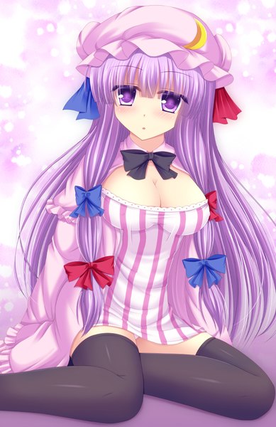 Anime picture 694x1070 with touhou patchouli knowledge shimotsuki keisuke single long hair tall image looking at viewer blush light erotic purple eyes cleavage purple hair girl thighhighs dress bow black thighhighs hair bow bonnet
