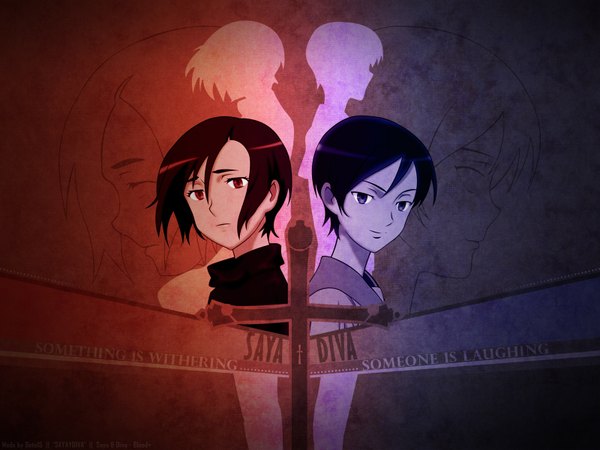 Anime picture 1600x1200 with blood+ production i.g otonashi saya short hair blue eyes black hair red eyes multiple girls silhouette girl 2 girls cross