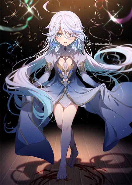 Anime picture 750x1049 with genshin impact focalors (genshin impact) shikitani asuka single tall image looking at viewer fringe blue eyes hair between eyes signed silver hair ahoge very long hair barefoot multicolored hair bare legs sparkle shadow twitter username colored inner hair