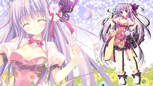 Anime picture 1920x1080 with original nanaroba hana long hair looking at viewer blush highres smile wide image purple eyes purple hair hair flower zoom layer girl dress hair ornament flower (flowers) bow shoes