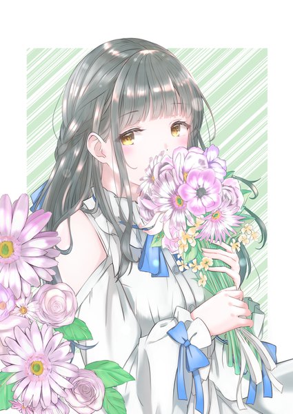 Anime picture 1032x1457 with original batta-1225 single long hair tall image looking at viewer blush fringe black hair bare shoulders yellow eyes blunt bangs half updo covered mouth striped background girl flower (flowers) bouquet