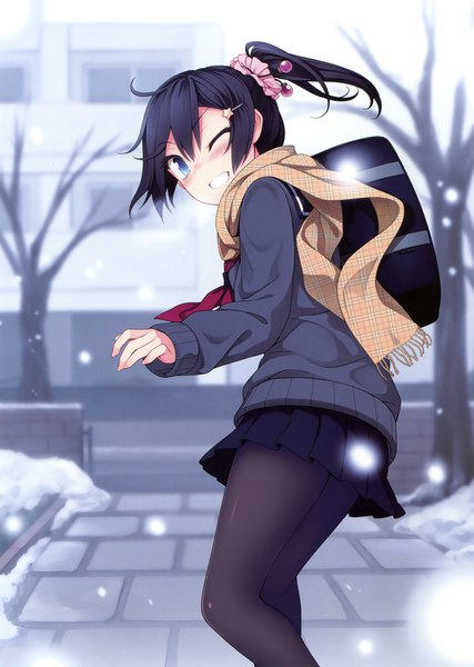 Anime picture 2494x3500 with original uruu gekka single tall image looking at viewer blush fringe highres short hair open mouth blue eyes black hair smile hair between eyes payot ahoge outdoors ponytail one eye closed looking back