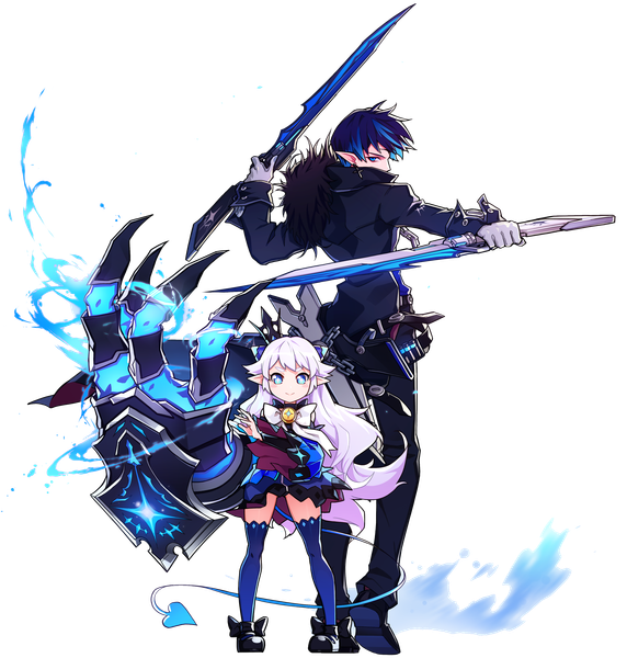 Anime picture 2850x2990 with elsword luciela r. sourcream (elsword) ciel (elsword) hwansang long hair tall image highres short hair blue eyes standing holding blue hair white hair pointy ears transparent background dual wielding gunblade girl thighhighs boy