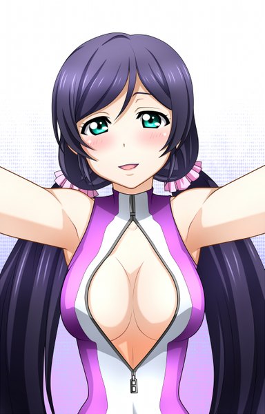Anime picture 929x1450 with love live! school idol project sunrise (studio) love live! toujou nozomi kenken single long hair tall image looking at viewer blush breasts open mouth blue eyes light erotic twintails blue hair cleavage low twintails girl