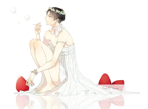 Anime picture 938x690 with shingeki no kyojin production i.g levi (rivaille) eyokiki single short hair open mouth black hair simple background white background bare shoulders full body profile alternate costume reflection looking up squat happy birthday smoking dress