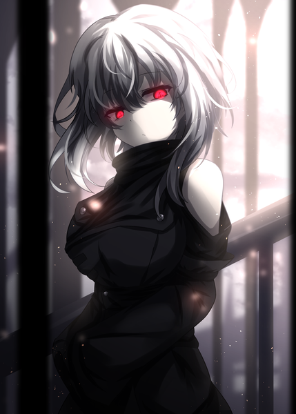 Anime picture 2000x2800 with original kisuzu 14 single tall image looking at viewer fringe highres short hair hair between eyes red eyes standing bare shoulders payot silver hair blurry off shoulder depth of field floating hair glowing symbol-shaped pupils
