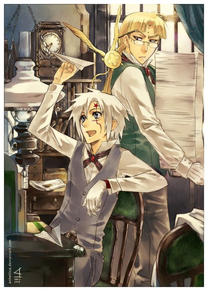 Anime picture 738x1032 with d.gray-man allen walker timcanpy howard link anhellica long hair tall image short hair blonde hair standing sitting holding white hair ponytail multiple boys grey eyes scar boy gloves uniform