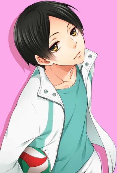 Anime picture 541x800 with haikyuu!! production i.g kunimi akira rio (rio 01) single tall image looking at viewer short hair black hair simple background yellow eyes from above open clothes shadow pink background boy uniform gym uniform ball