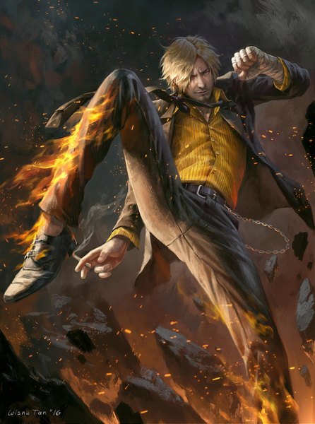 Anime picture 1024x1377 with one piece toei animation sanji wisnutan single tall image fringe short hair blonde hair standing holding signed lips hair over one eye realistic standing on one leg smoke leg lift (legs lift) fighting stance boy