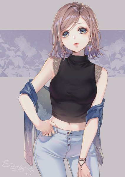 Anime picture 1202x1700 with original ao+beni single tall image looking at viewer short hair blue eyes brown hair standing signed lips midriff sleeveless eyeshadow hand in pocket unbuttoned fashion girl earrings bracelet