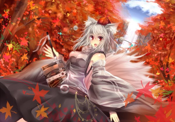 Anime picture 1300x910 with touhou inubashiri momiji e-co single short hair open mouth animal ears grey hair girl plant (plants) detached sleeves tree (trees) leaf (leaves) tokin hat