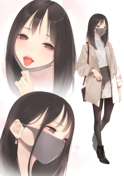 Anime picture 777x1100 with original ama mitsuki long hair tall image looking at viewer blush fringe simple background brown hair standing white background brown eyes looking away bent knee (knees) blunt bangs head tilt profile open jacket high heels symbol-shaped pupils