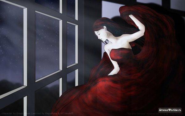 Anime picture 1000x625 with tagme (artist) single long hair wide image bare shoulders red hair eyes closed girl dress window star (stars) red dress