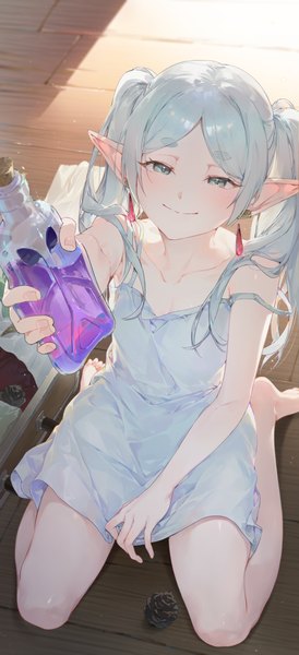 Anime picture 1436x3142 with sousou no frieren frieren chap sal ! single long hair tall image looking at viewer smile sitting twintails holding green eyes silver hair indoors from above pointy ears bare legs wariza eyebrows strap slip
