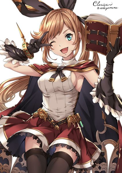Anime picture 800x1131 with granblue fantasy clarisse (granblue fantasy) sakiyamama single long hair tall image looking at viewer open mouth blue eyes blonde hair white background ponytail one eye closed wink girl thighhighs dress gloves bow black thighhighs