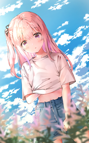 Anime picture 565x907 with girls frontline st ar-15 (girls frontline) melings (aot2846) single long hair tall image looking at viewer blush fringe open mouth hair between eyes standing payot pink hair sky cloud (clouds) outdoors pink eyes sunlight :o