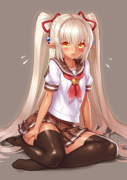 Anime picture 706x1000 with original yapo (croquis side) single tall image looking at viewer blush open mouth sitting twintails yellow eyes white hair very long hair pointy ears elf revision girl thighhighs skirt uniform ribbon (ribbons)
