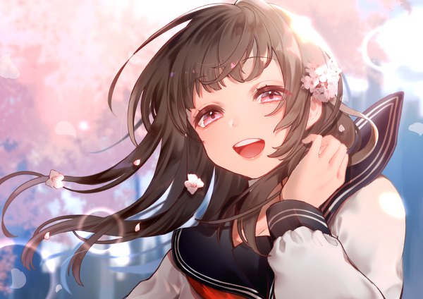 Anime picture 1200x848 with original otoufu (gotouhu) single long hair open mouth brown hair upper body :d pink eyes hair flower wind teeth cherry blossoms lens flare girl uniform flower (flowers) serafuku