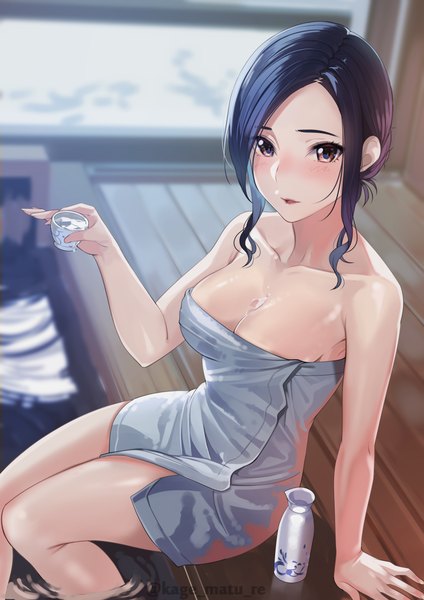 Anime picture 1736x2456 with original kagematsuri single tall image looking at viewer blush fringe highres short hair breasts open mouth light erotic black hair large breasts sitting holding brown eyes payot indoors arm support