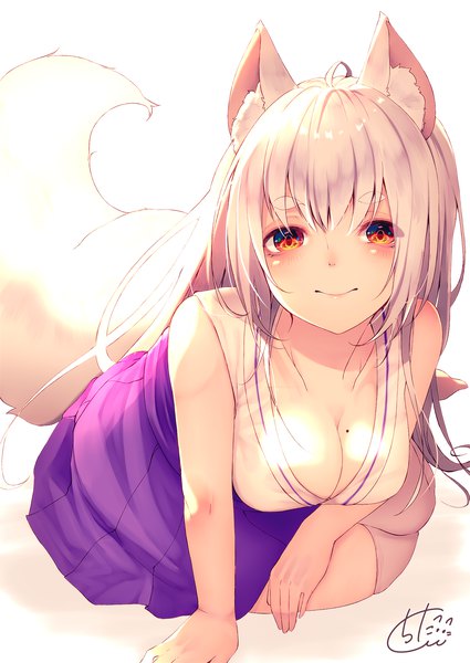 Anime picture 1417x2000 with original chita (ketchup) single long hair tall image looking at viewer blush fringe breasts light erotic simple background smile hair between eyes red eyes white background bare shoulders signed animal ears cleavage silver hair