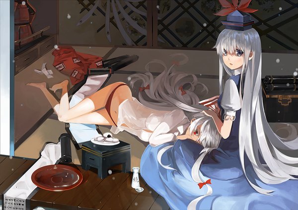Anime picture 1024x724 with touhou fujiwara no mokou kamishirasawa keine saberiii single long hair fringe light erotic red eyes silver hair lying traditional clothes barefoot bare legs grey eyes clothes on floor girl navel hair ornament underwear