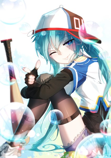 Anime picture 1500x2127 with vocaloid hatsune miku qys3 single long hair tall image looking at viewer blush fringe hair between eyes sitting twintails full body bent knee (knees) one eye closed aqua eyes wink aqua hair depth of field zettai ryouiki