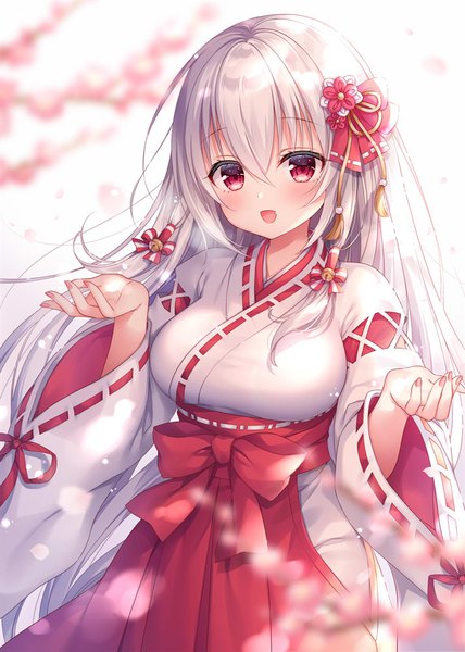 Anime picture 713x1000 with original mitsuba choco single long hair tall image looking at viewer blush fringe breasts open mouth hair between eyes red eyes standing payot silver hair long sleeves nail polish traditional clothes :d japanese clothes