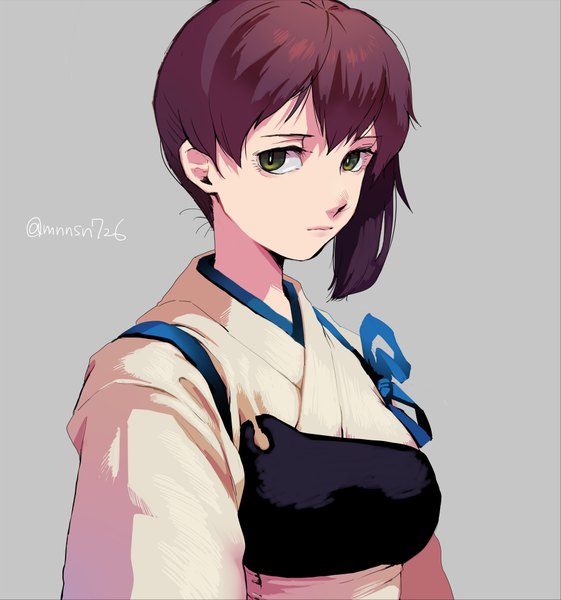 Anime picture 872x932 with kantai collection kaga aircraft carrier katsuoboshi single tall image looking at viewer short hair simple background brown hair green eyes signed upper body traditional clothes japanese clothes grey background twitter username side ponytail girl armor breastplate