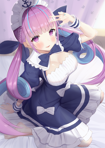 Anime picture 1000x1412 with virtual youtuber hololive minato aqua minato aqua (1st costume) nyaa28 single long hair tall image looking at viewer blush fringe breasts large breasts purple eyes twintails payot cleavage purple hair nail polish multicolored hair