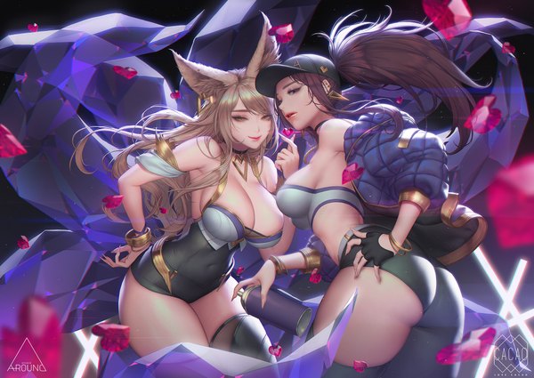 Anime picture 1920x1363 with league of legends k/da (league of legends) ahri (league of legends) akali (league of legends) k/da akali k/da ahri love cacao long hair looking at viewer fringe highres breasts light erotic blonde hair simple background smile brown hair large breasts standing bare shoulders