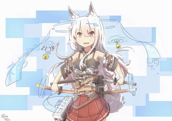 Anime picture 3508x2480 with original hinbackc single long hair fringe highres open mouth hair between eyes red eyes standing signed animal ears absurdres white hair tail :d animal tail pleated skirt fox ears dated