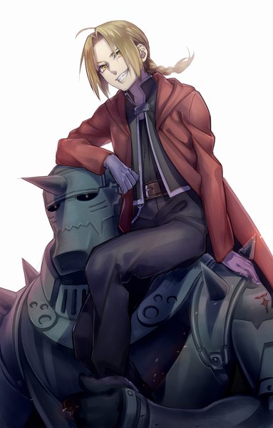 Anime picture 1181x1850 with fullmetal alchemist studio bones edward elric alphonse elric tayuya1130 long hair tall image open mouth simple background blonde hair smile white background sitting yellow eyes ahoge braid (braids) open clothes arm support multiple boys teeth