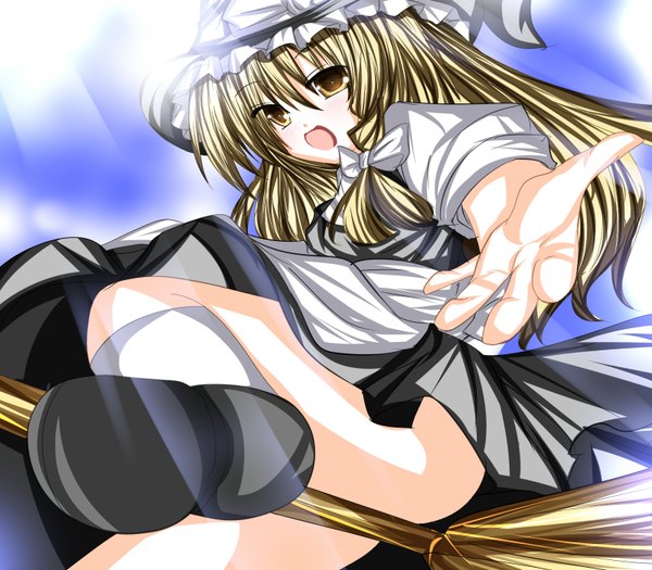 Anime picture 1600x1400 with touhou kirisame marisa tabuchisan long hair open mouth light erotic blonde hair yellow eyes outstretched arm broom riding girl dress hat broom