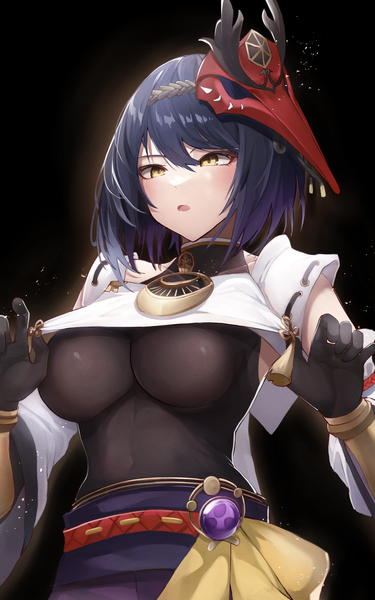 Anime picture 2503x4000 with genshin impact kujou sara megu (pixiv9460065) single tall image fringe highres short hair breasts light erotic black hair simple background hair between eyes large breasts yellow eyes looking away upper body black background mask on head girl