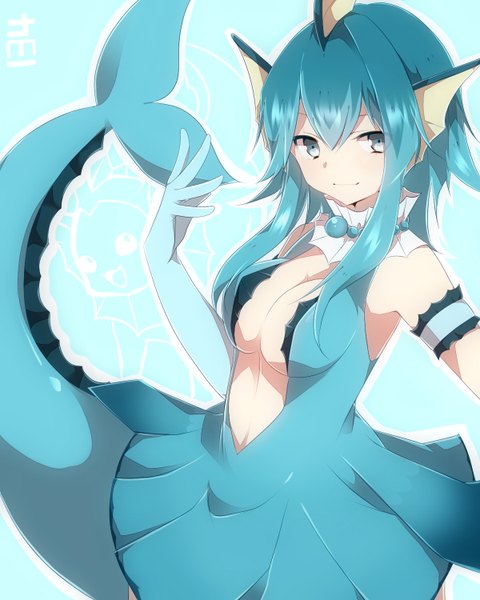 Anime picture 1200x1500 with pokemon moemon nintendo vaporeon takeshima eku single long hair tall image looking at viewer breasts blue eyes light erotic smile large breasts blue hair cleavage tail animal tail blue background gen 1 pokemon